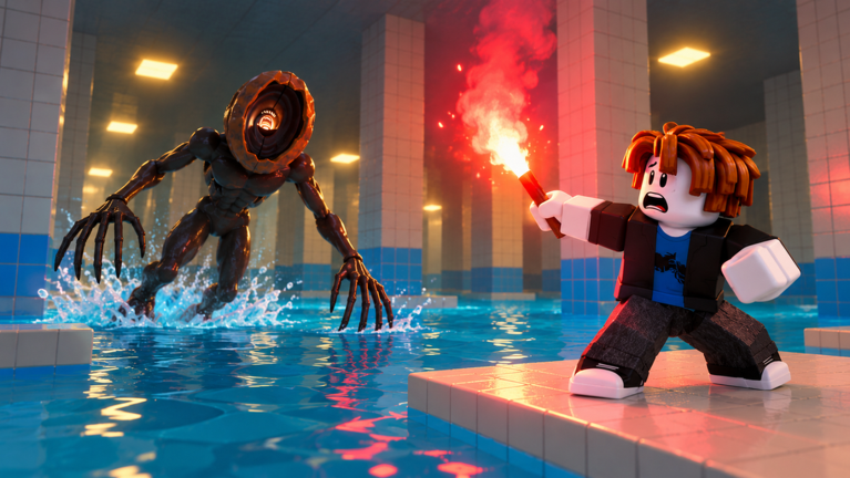DONT SPLASH key art showing the dark pool hall and the creature